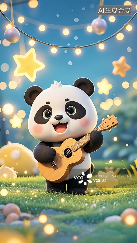 【AI数字艺术】Q版大熊猫卡通弹吉他图片素材