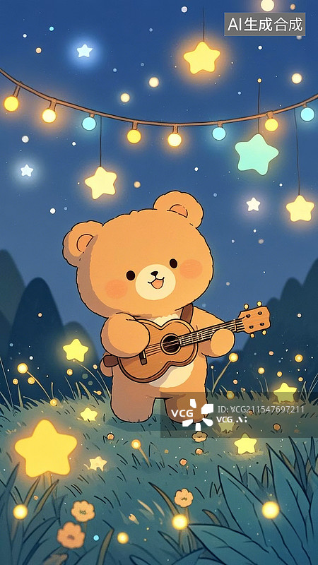 【AI数字艺术】Q版卡通小熊弹吉他图片素材