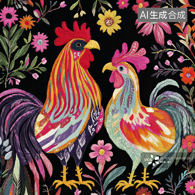 【AI数字艺术】绣花公鸡与花卉图案图片素材