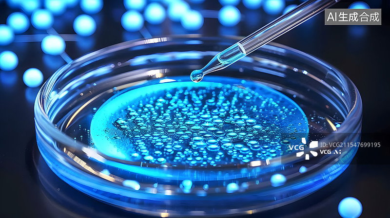【AI数字艺术】蓝色生物科技背景，带滴管的培养皿图片素材