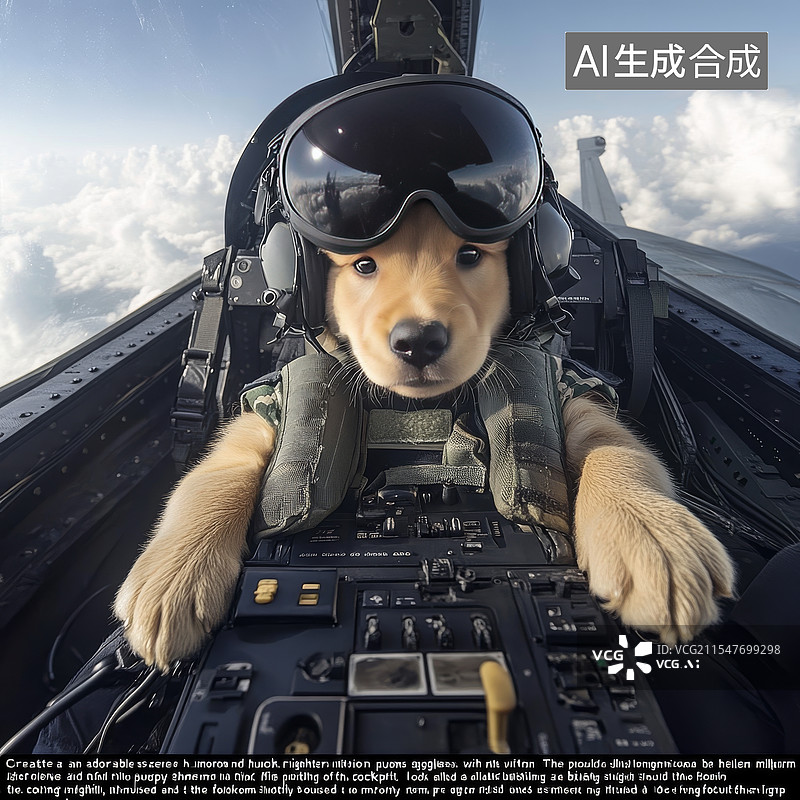 【AI数字艺术】战斗机驾驶舱内的金毛猎犬小狗飞行员图片素材