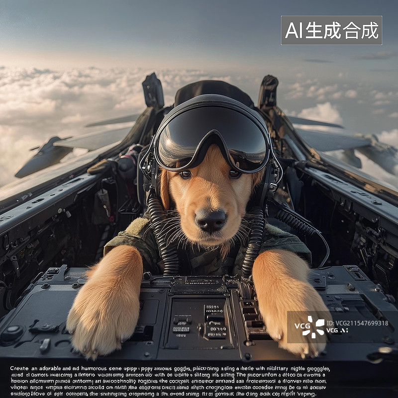 【AI数字艺术】战斗机驾驶舱内的金毛猎犬小狗飞行员图片素材