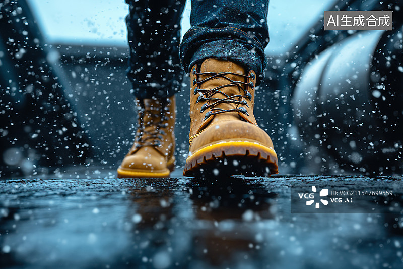 【AI数字艺术】雨中徒步的防水靴特写图片素材