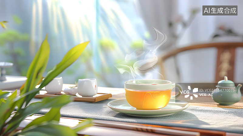 【AI数字艺术】一杯茶，中式茶碗、茶壶和树叶，干净明亮简约，中国风茶叶产品海报图片素材