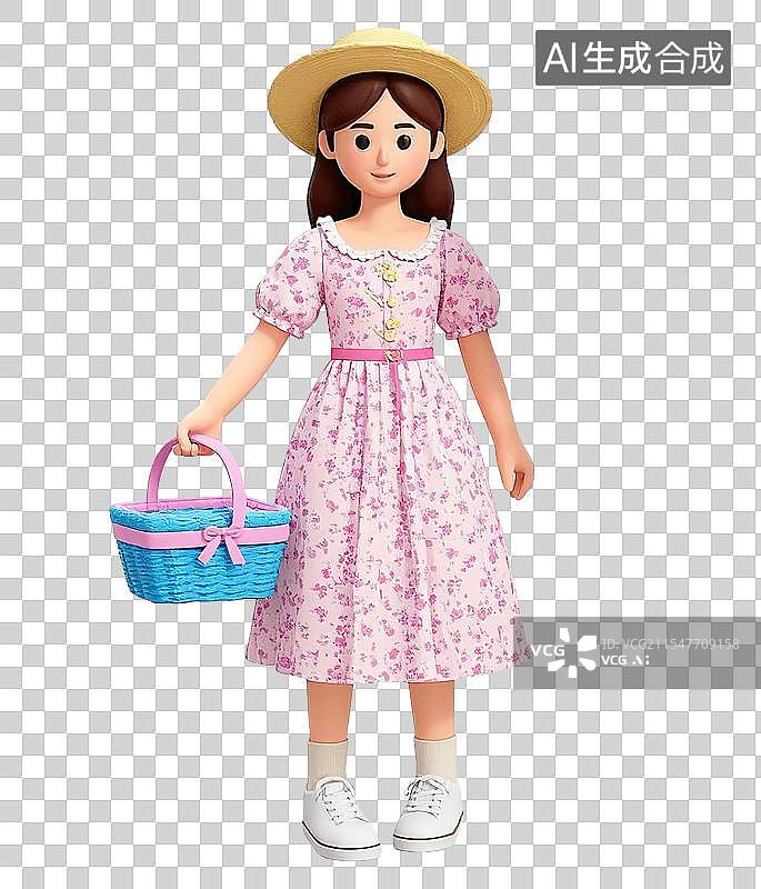 【AI数字艺术】3d春季拿着篮子穿着碎花裙子的女生图片素材
