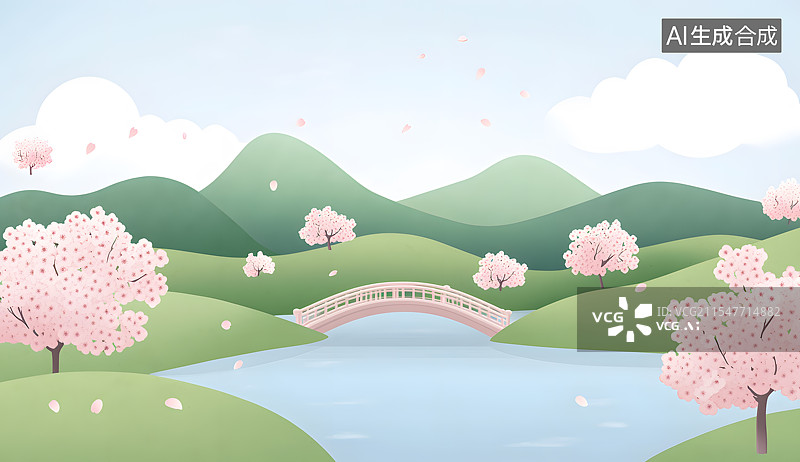 【AI数字艺术】樱花湖草地小桥清新文艺风景，春天立春分季节节气自然风景插画图片素材