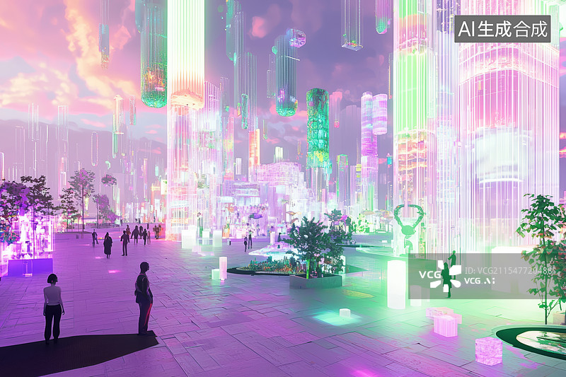 【AI数字艺术】霓虹光影下的未来城市广场图片素材