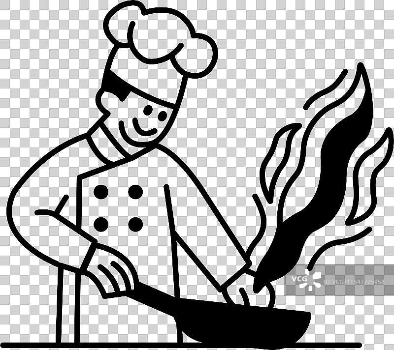 一位厨师正在锅中烹饪食物，火焰四起。图片素材