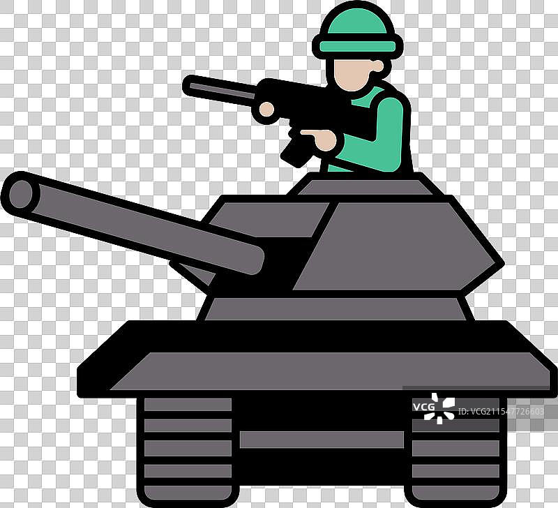 一名士兵骑在坦克上，手持枪械。图片素材