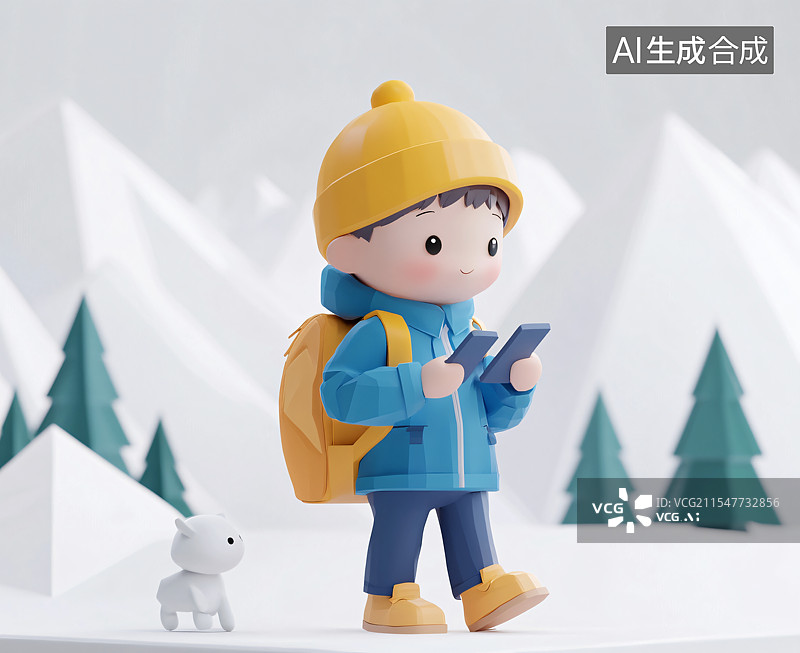 【AI数字艺术】冬日旅行中的小男孩，背着包戴着帽子，在雪山中行走，用手机记录美景。图片素材