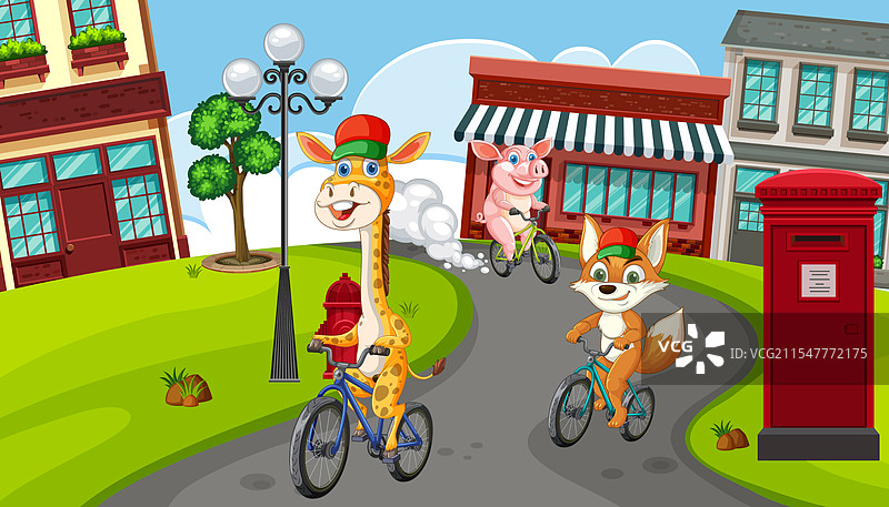 长颈鹿、狐狸和猪在城里骑自行车图片素材