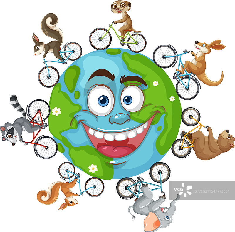快乐的动物们骑着自行车环绕着微笑的地球图片素材