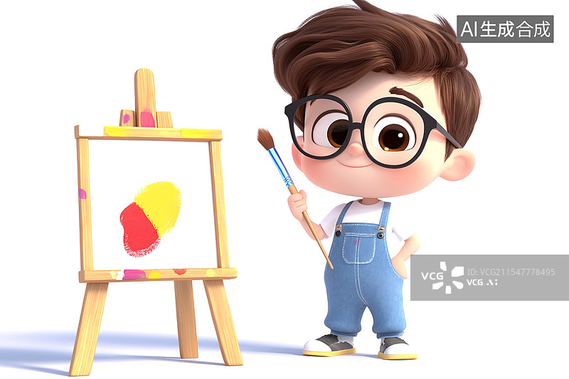 【AI数字艺术】白色背景卡通风格画画的可爱小男孩图片素材