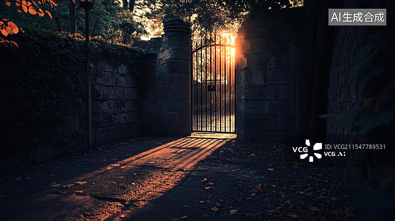 【AI数字艺术】阳光照在庭院门上图片素材