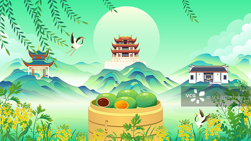 长沙古建筑清明青团油菜花国风矢量插画图片素材