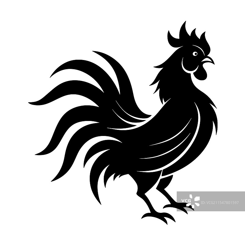 黑白色的公鸡剪影，粗犷的农场风格图片素材