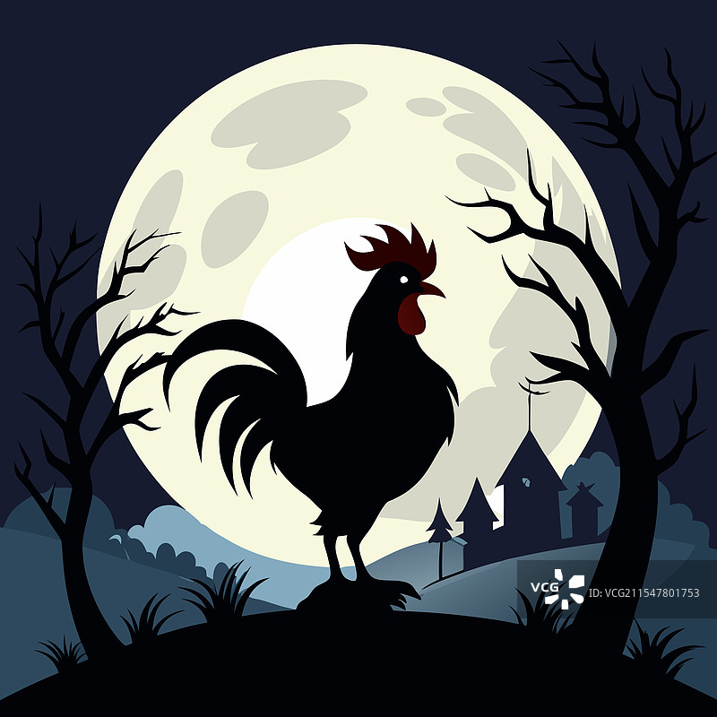 满月下的公鸡剪影图片素材