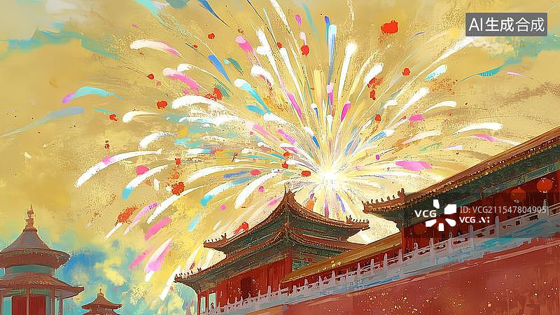 【AI数字艺术】金箔岩彩新年手绘故宫宫廷烟花秀烟花汇演图片素材