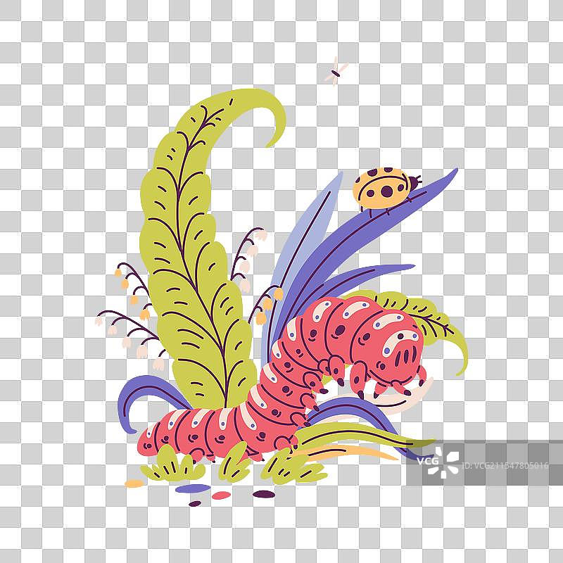 卡通毛毛虫在五彩缤纷的春季花卉上图片素材