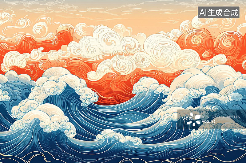 【AI数字艺术】祥云瑞海的海浪翻涌图片素材