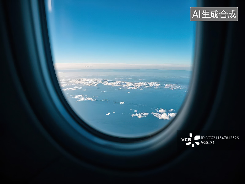 【AI数字艺术】云端之上的蔚蓝，舷窗外的奇幻漂流图片素材