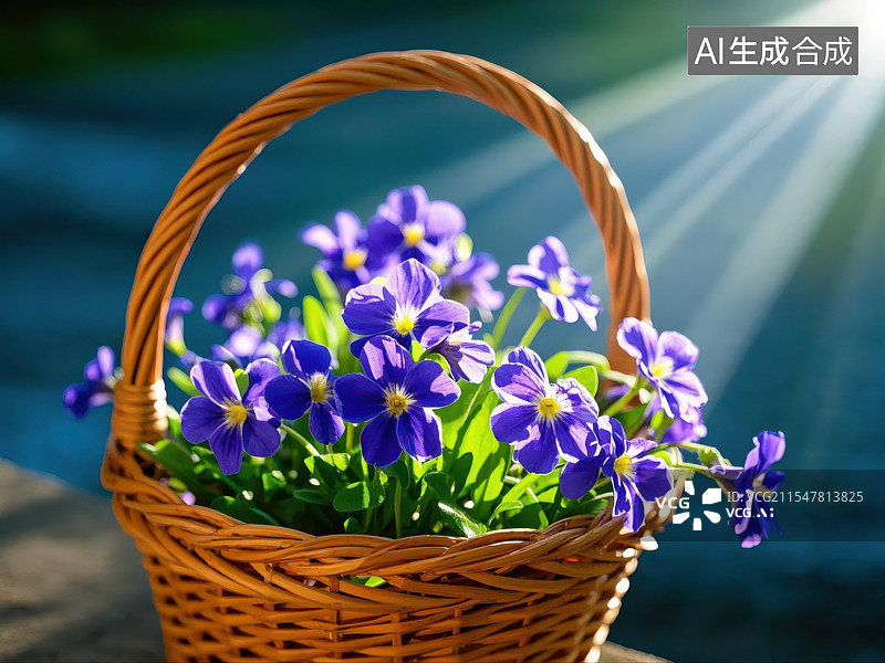 【AI数字艺术】紫罗兰的春日问候，花篮里的紫色浪漫图片素材