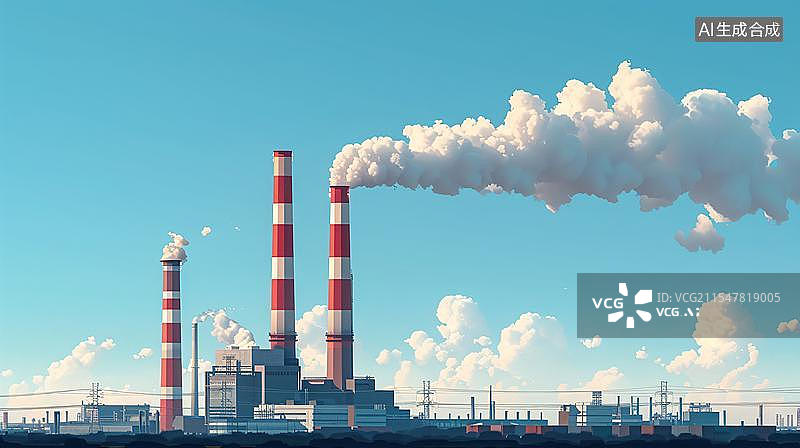 【AI数字艺术】烟囱下的城市剪影 工业时代的蓝天白云图片素材