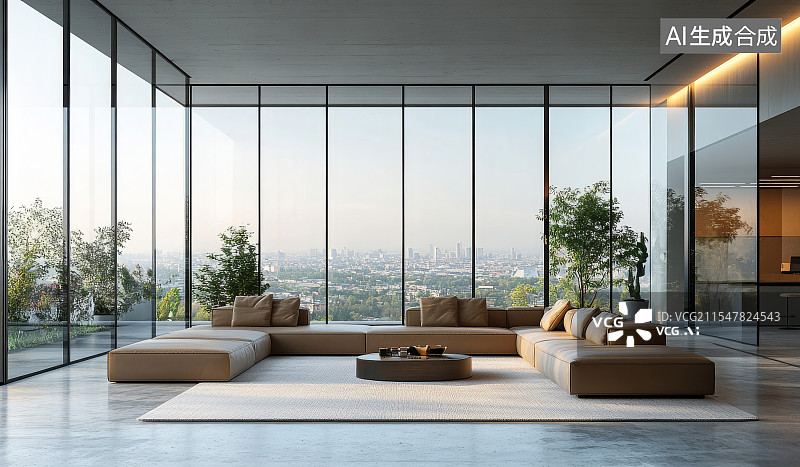 【AI数字艺术】大落地窗观景客厅室内场景图片素材