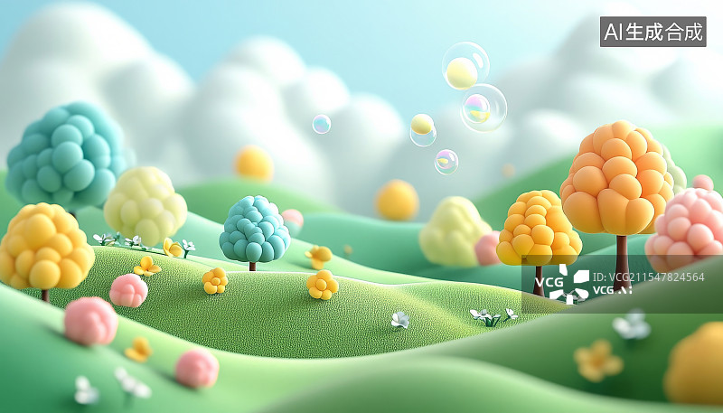 【AI数字艺术】3D可爱卡通风格绿色花园场景图片素材