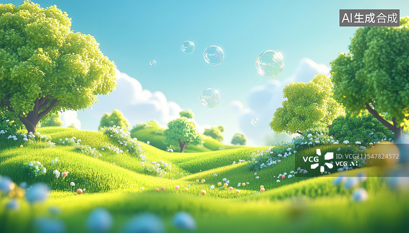 【AI数字艺术】3D可爱卡通风格绿色花园场景图片素材