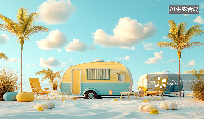 【AI数字艺术】卡通风格海边房车自驾旅行度假场景图片素材