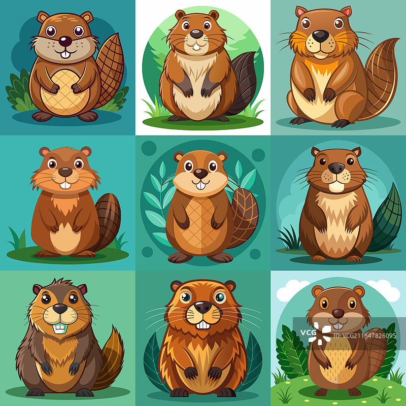搞笑的海狸角色在不同动作中表现得很夸张图片素材