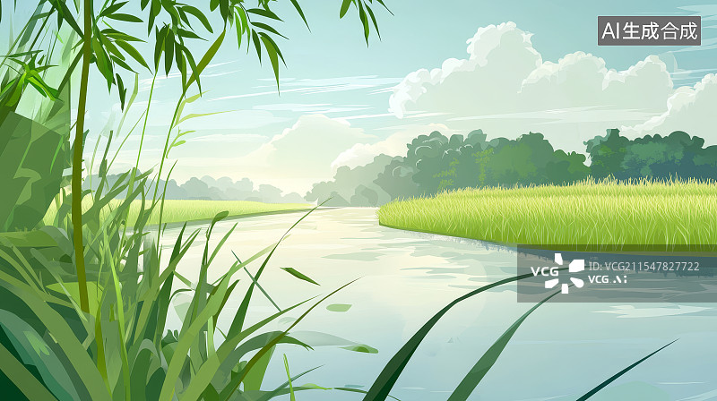 【AI数字艺术】稻苗在河岸上生长图片素材