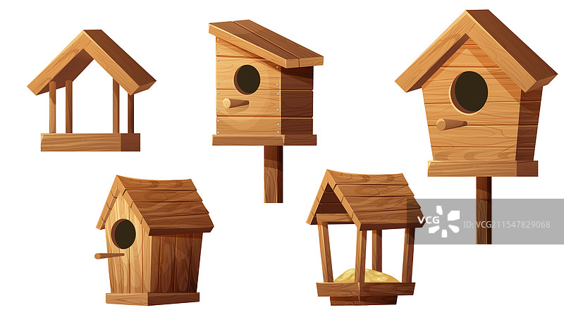 木制鸟食器和带屋顶的鸟屋图片素材