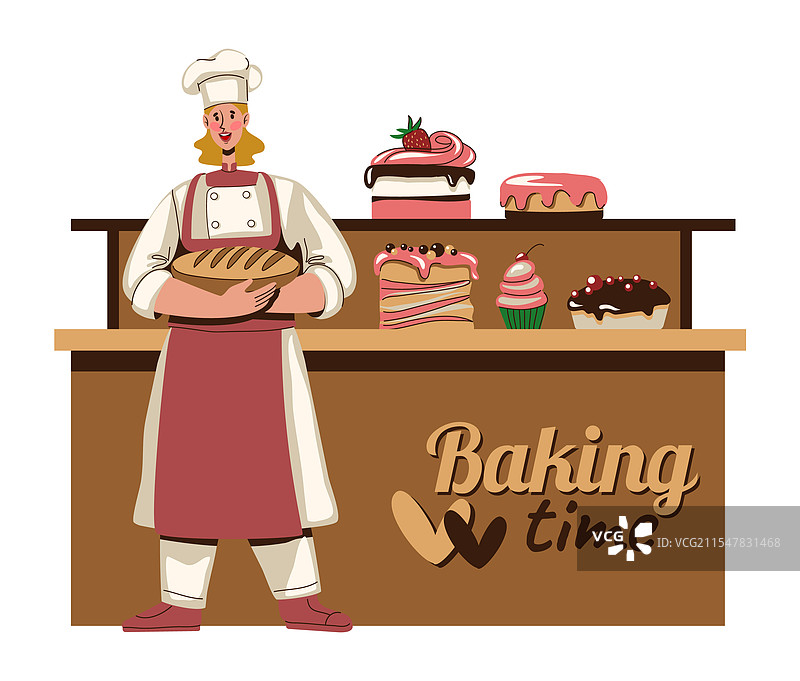 面包店里的女面包师手持面包，风格各异图片素材