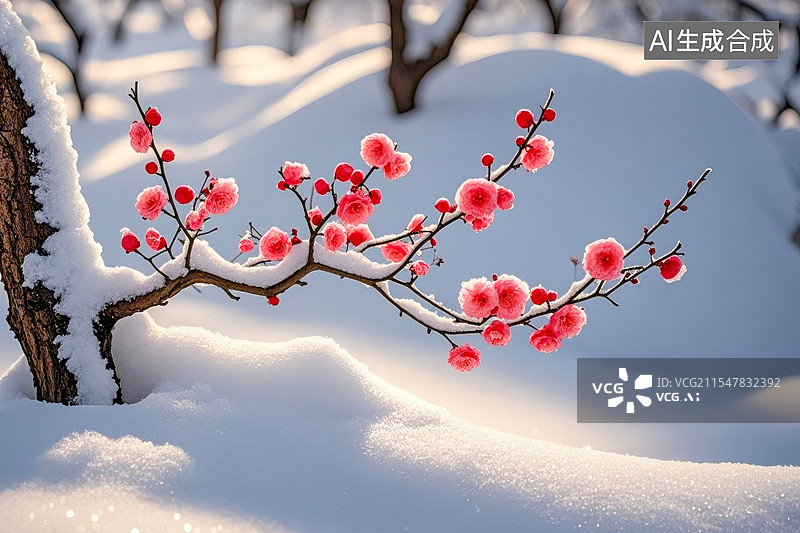 【AI数字艺术】雪中的梅花特写图片素材