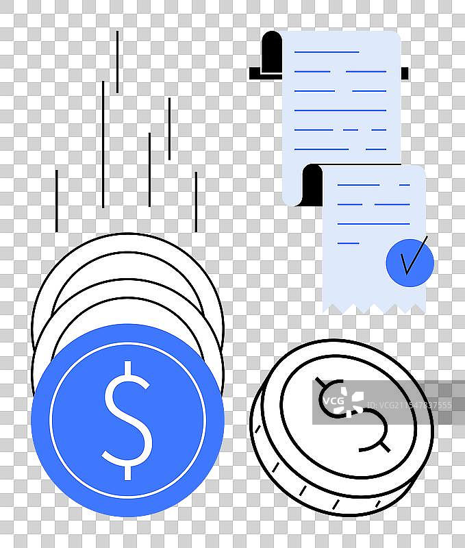 财务增长与叠放的硬币和收据图片素材
