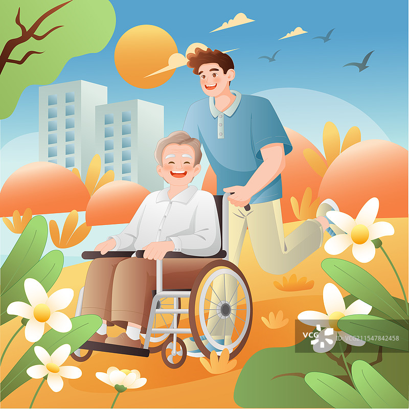 养老主题儿子推着坐轮椅的父亲重阳节矢量插画图片素材