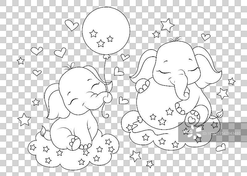 母象和小象的剪影涂色页图片素材