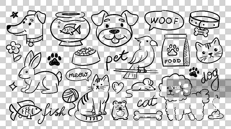 手绘宠物涂鸦素描集：狗和兔子图片素材