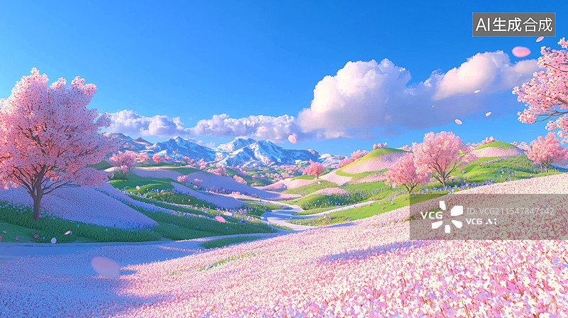 【AI数字艺术】3D春天山丘樱花桃花树草地天空白云宁静季节风景田园旅游治愈系清新唯美粉色蓝色绿色远景浪漫背景图片素材