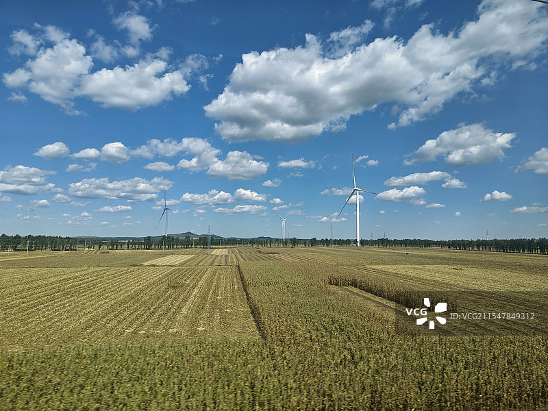 蓝天白云下田野风车景致图片素材