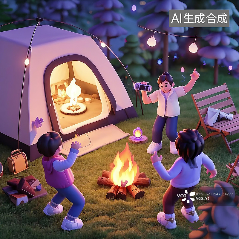 【AI数字艺术】3D露营篝火派对图片素材