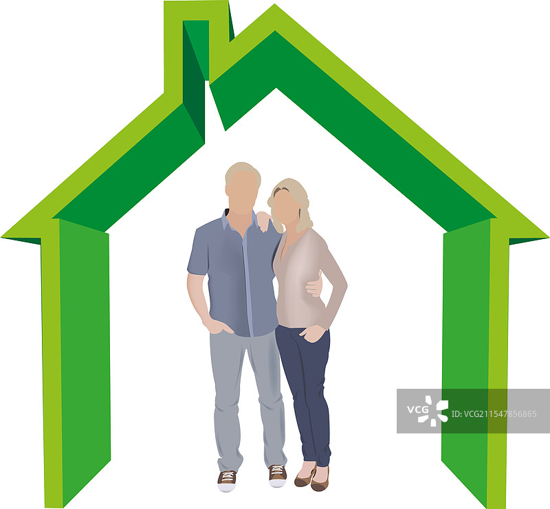 一对情侣站在绿色房屋标志下图片素材