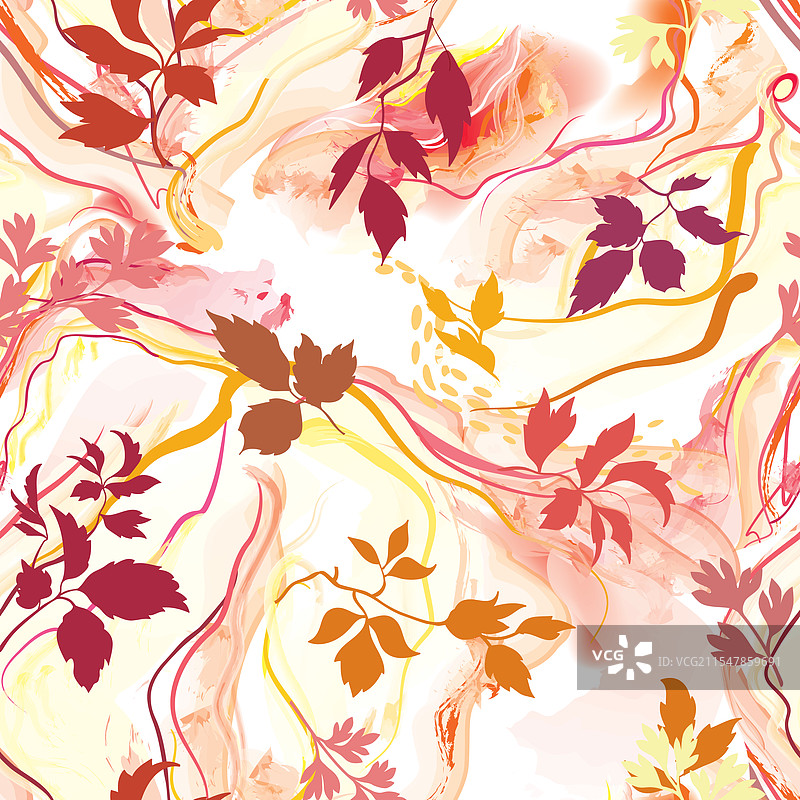 秋天的树叶与波浪线无缝季节性图案图片素材