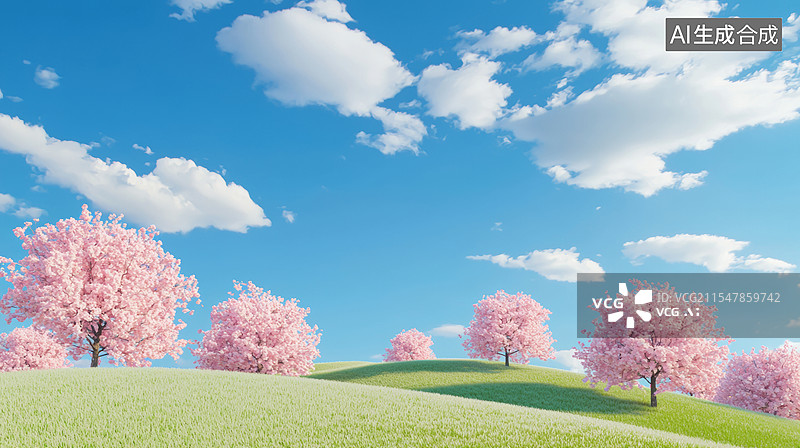 【AI数字艺术】3D春天山丘樱花树林高山草地天空白云宁静季节留白风景田园旅游治愈系清新唯美粉色蓝色绿色远景背景图片素材