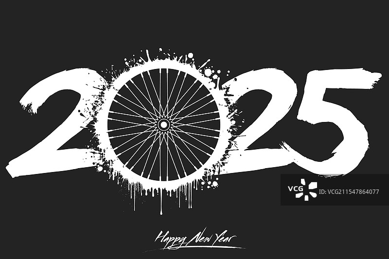 2025年新年快乐与自行车轮子图片素材