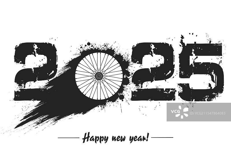 2025年新年快乐与自行车轮子图片素材