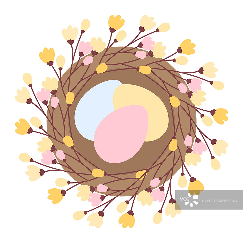 五彩缤纷的复活节彩蛋在盛开的枝条巢中图片素材