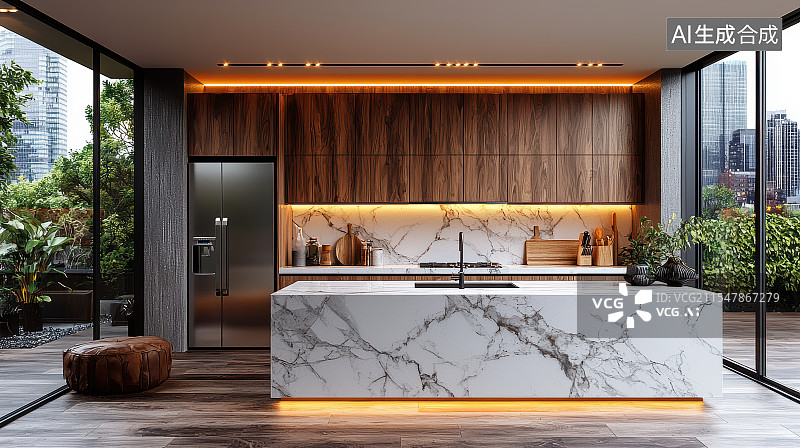 【AI数字艺术】现代简约轻奢风开放式厨房建筑室内设计样板间图片素材